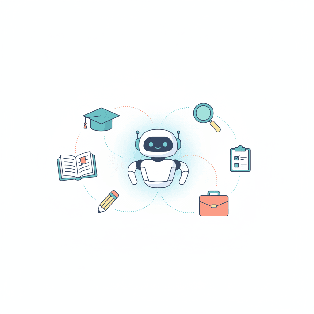 Abstrakte Illustration, die einen freundlichen Roboter in der Mitte zeigt, verbunden durch geschwungene Linien mit Bildungsikonen wie einem Buch und einem Abschluss-Hut sowie Rekrutierungsikonen wie einer Lupe und einer Aktentasche