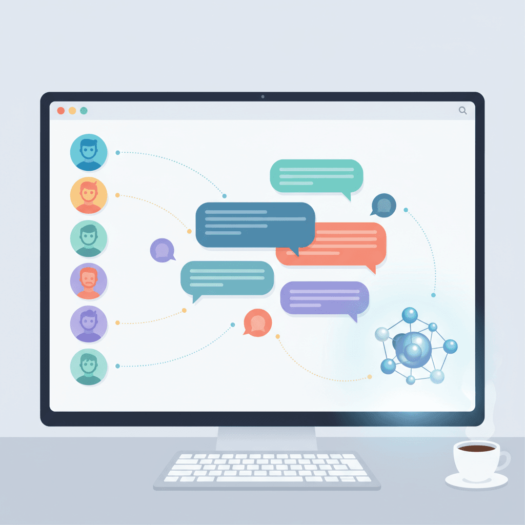 Illustration of a collaborative digital group chat with colorful avatars, overlapping chat bubbles, and a central abstract AI node showing interactions among participants.