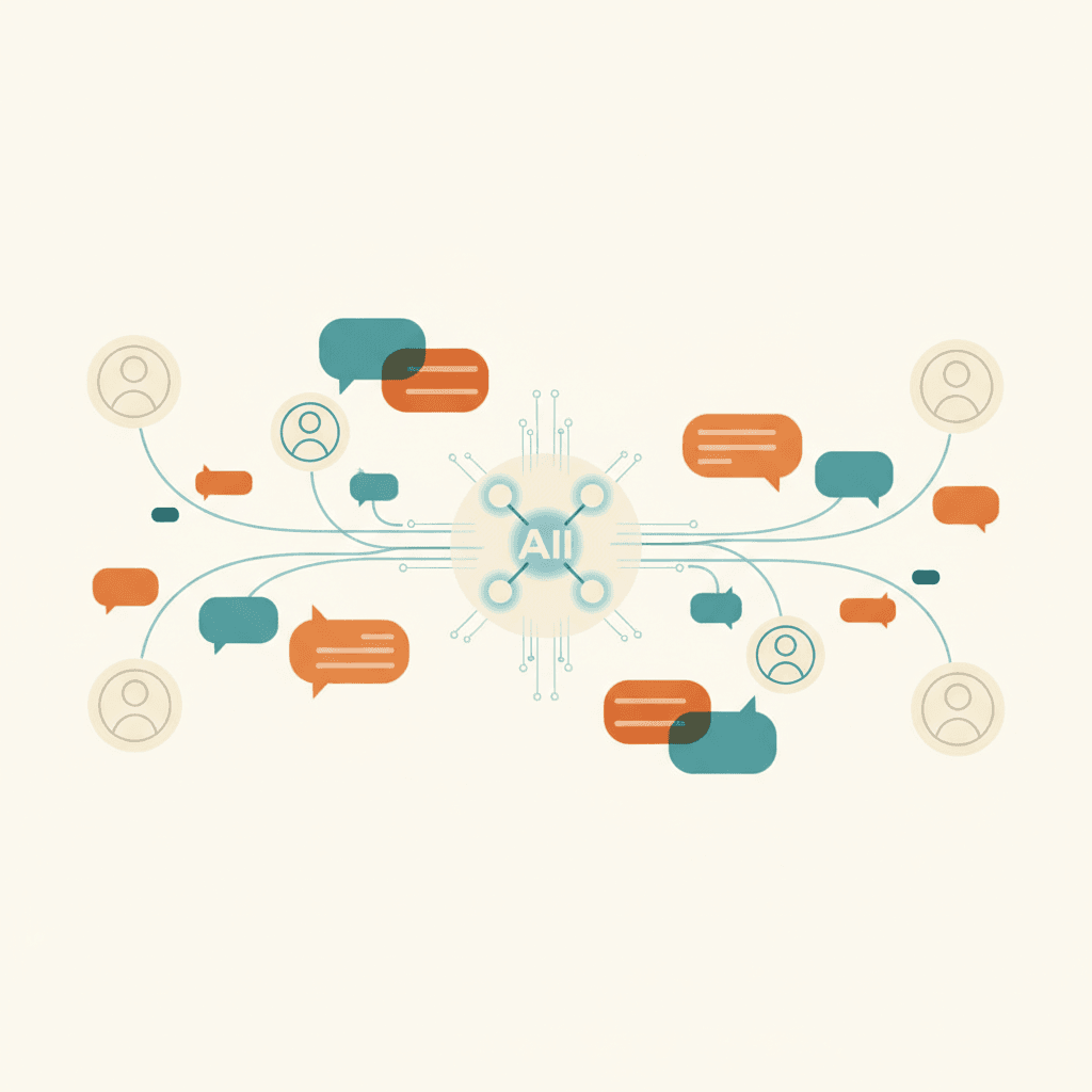 Abstract illustration of multiple users connected by chat bubbles with an AI node at the center