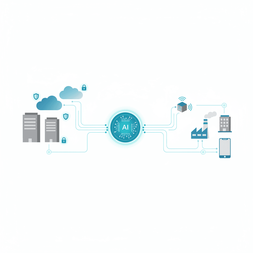 Illustration showing a central AI node connected by thin lines to cloud icons, data centers, and edge devices, with subtle security shield and lock symbols representing governance and data protection.