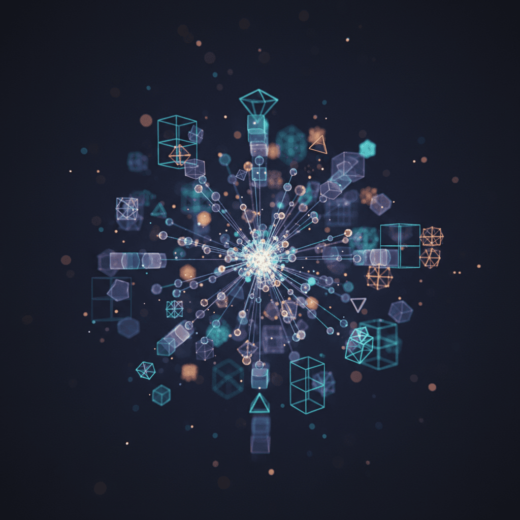 Abstract glowing neural node cluster branching into geometric shapes and translucent 3D wireframe blocks, modern blue and purple palette with warm highlights, soft particle effects, no text.