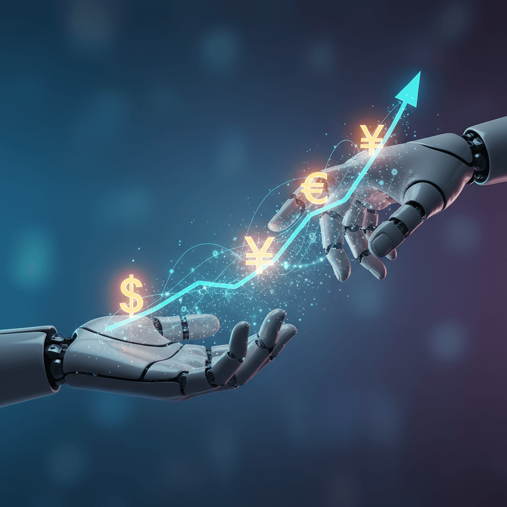 Robotic hand and human hand touching a glowing network of digital nodes that form an abstract rising graph and currency symbols, in blue and gold tones.