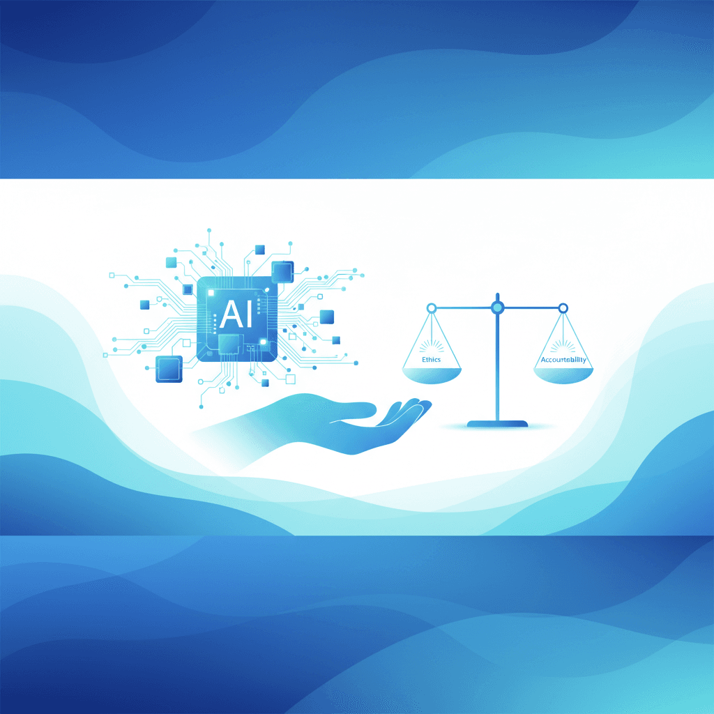 Illustration showing a human hand overseeing a glowing AI network on the left and modern balanced scales of justice on the right, symbolizing ethical AI, accountability, and transparency.