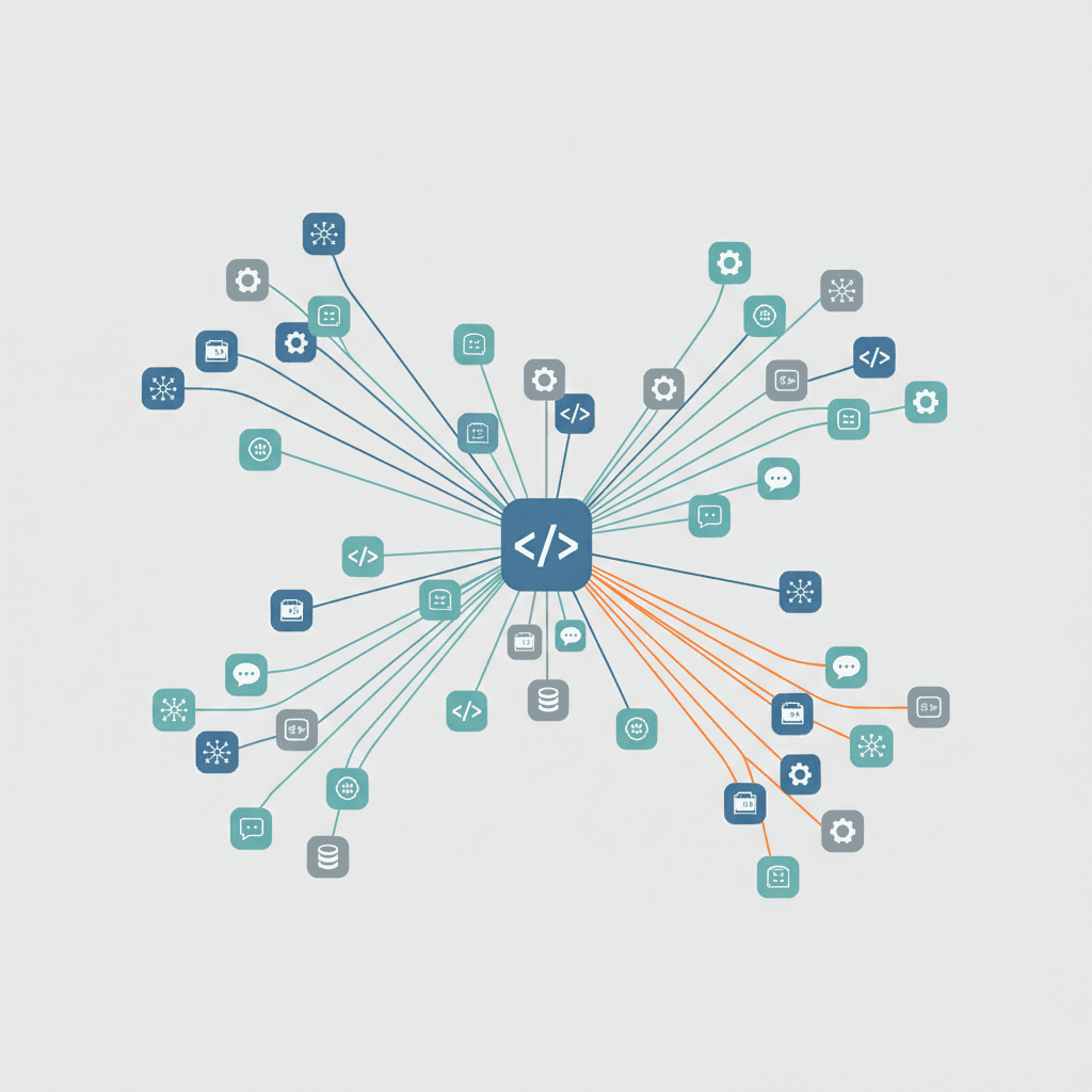 A clean vector illustration showing many abstract AI tool icons connected by overlapping lines to a central hub. The composition uses muted blues and grays with an orange accent to highlight problem nodes, visually representing complexity and overuse.