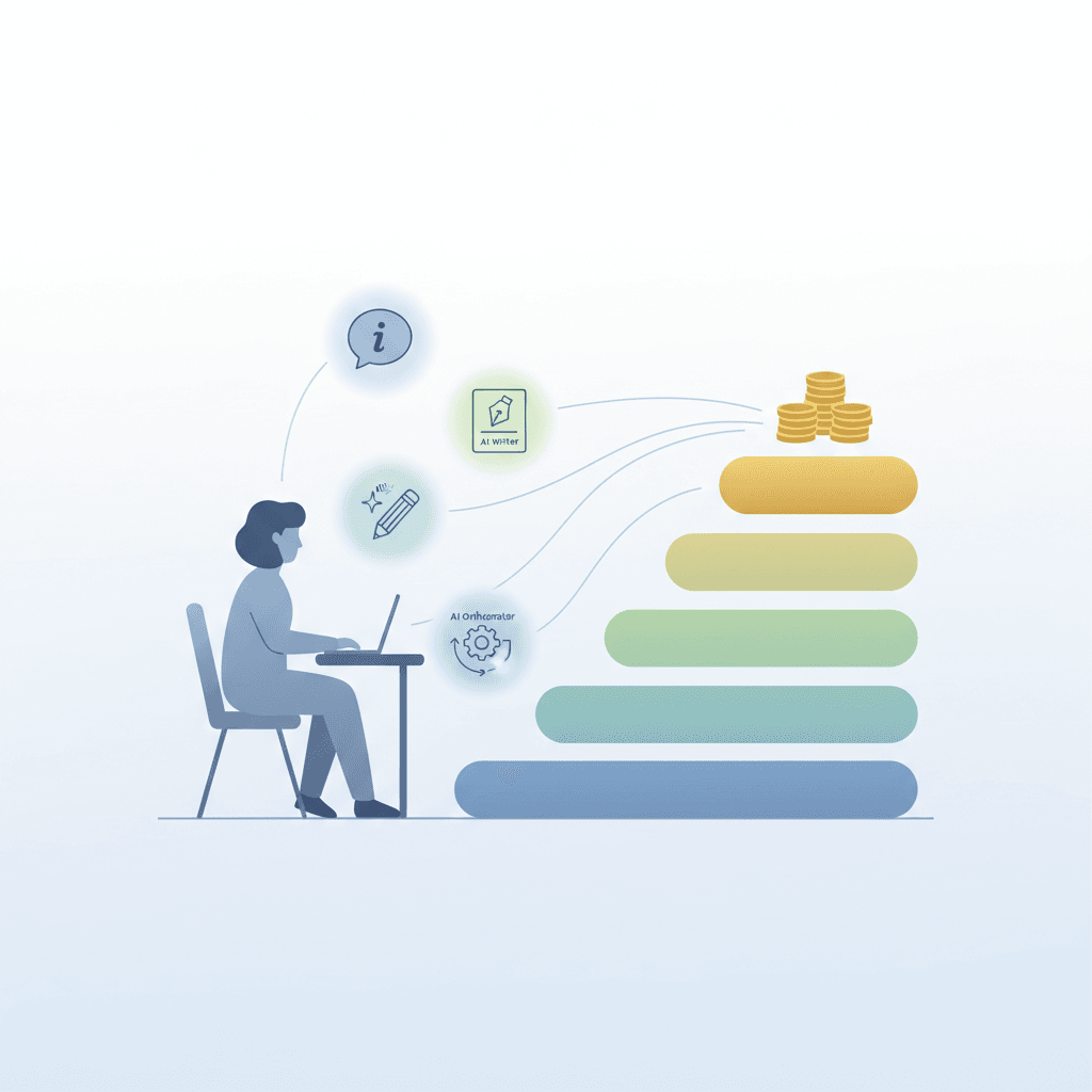 A clean, minimal illustration showing a solo founder at a desk connected to four glowing icons representing AI Bots, AI Writer, AI Editor, and AI Orchestrator. Thin lines converge to form ascending bars that lead to a small stack of coins at the top, symbolizing growth toward seven figures.