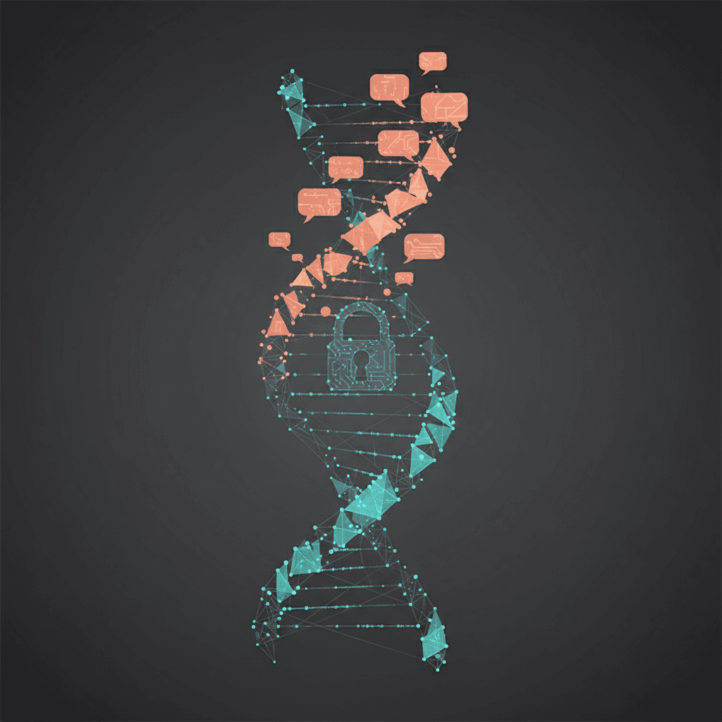 Abstract visualization of AI protein folding morphing into chatbot privacy shapes
