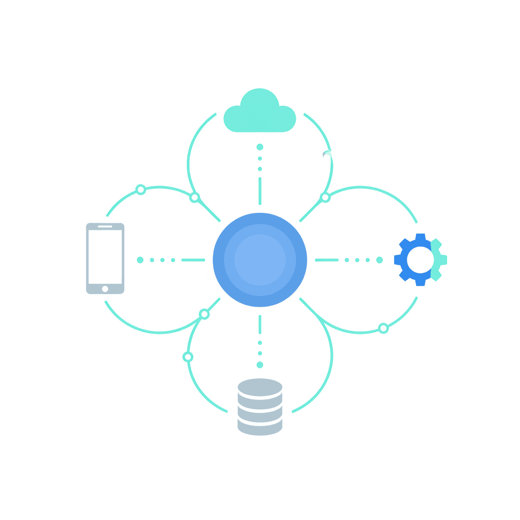Illustration showing a central hub connected by lines to app components: mobile device, cloud, database cylinder, and gear, conveying connectivity and data exchange.