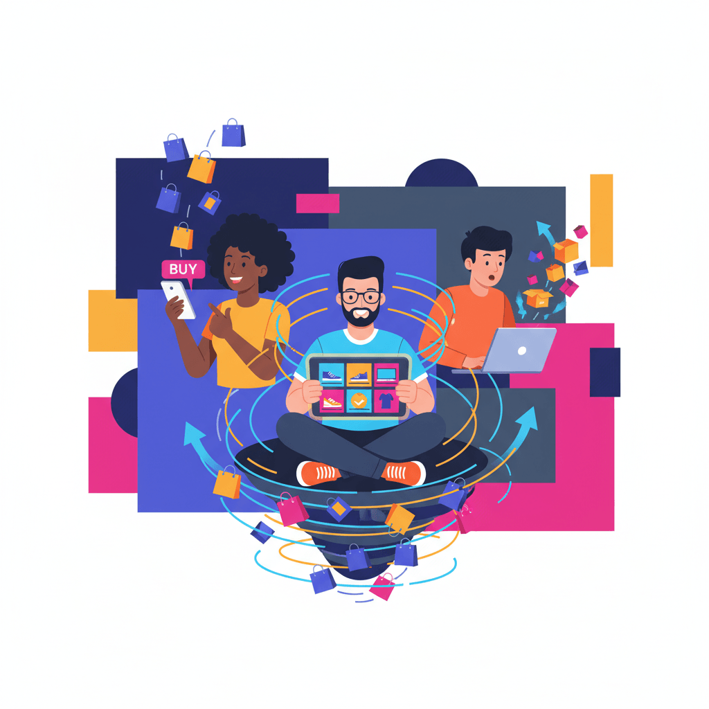 Illustration of diverse people using smartphone, tablet, and laptop to shop online with floating shopping bags and energetic motion lines