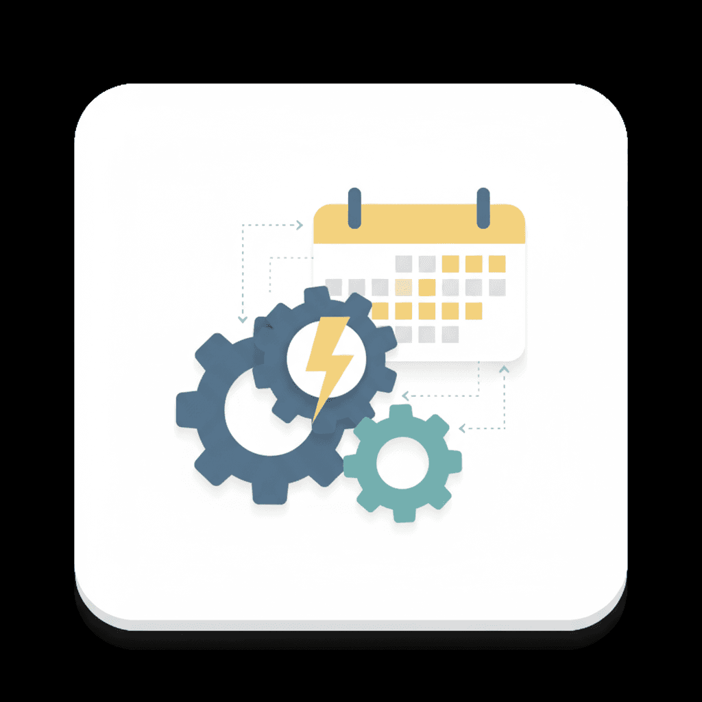 Stylized flat vector illustration showing interlocking gears, a calendar grid, a lightning bolt, and dotted flow lines to represent fast, connected scheduling automation.