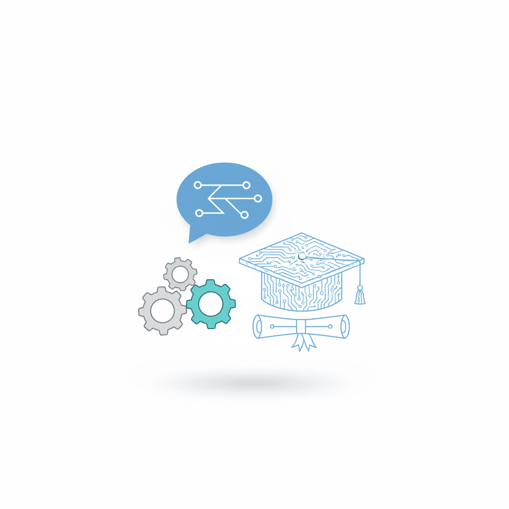 Clean illustration showing an AI chat bubble with circuit lines, three interlocking gears, and a digital diploma symbol to represent ChatGPT automation and e degree education. The design uses soft blues and teal on a light background for a minimalist look.