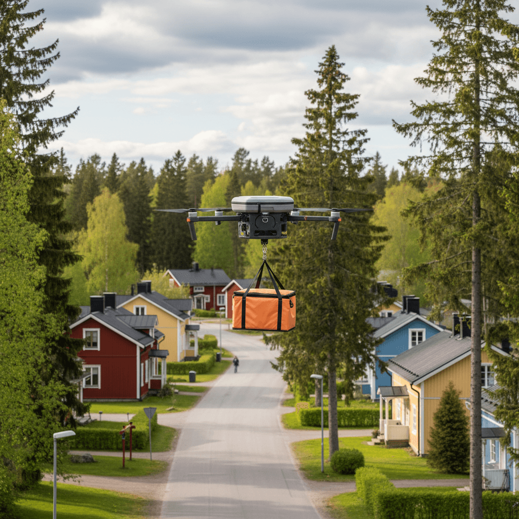 Drone carrying a heat bag over suburban Finnish houses in Espoo