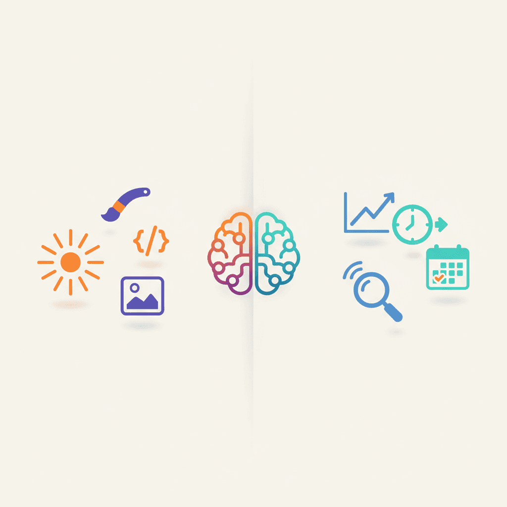 Split illustration showing creative icons on the left for Generative AI and analytic icons on the right for Predictive AI, connected by a central stylized neural network