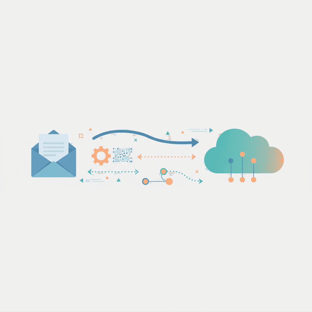 Simple flat illustration showing an envelope icon connected by flowing arrows and gear motifs to an abstract cloud hub to represent seamless integration and workflow automation between two platforms.