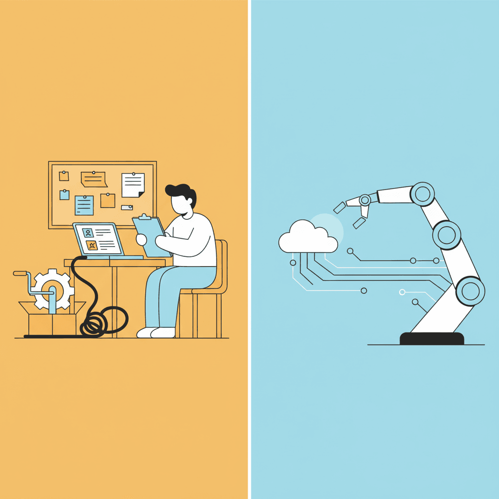 Split-screen illustration contrasting manual and automation processes