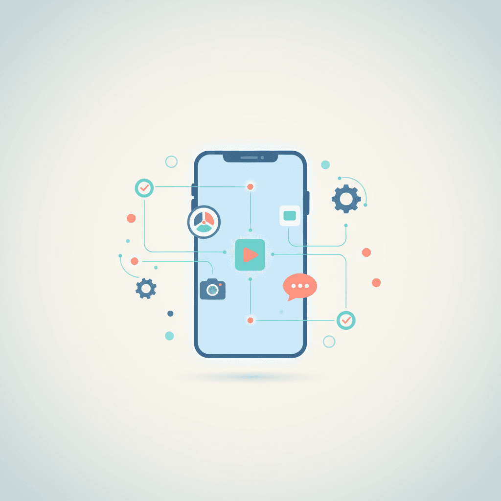 Clean vector illustration of a smartphone screen surrounded by abstract social media nodes connected to small gear icons and checkmarks, symbolizing automation, connectivity, and efficiency.