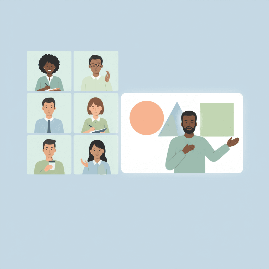 Illustration von verschiedenen Teilnehmern in einem Webinar mit einem Präsentator und einem geteilten Folienbereich.
