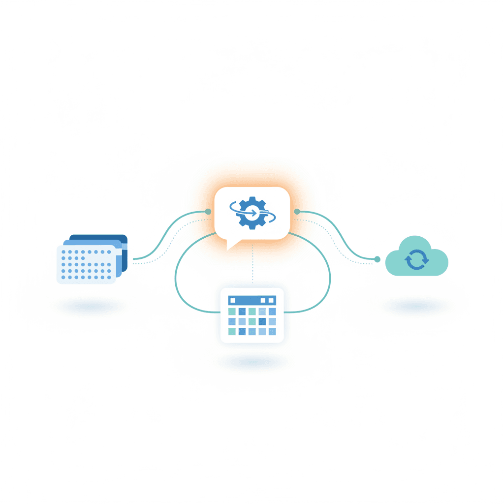 Stylized AI chat bubble connected to CRM, spreadsheet, and cloud nodes to illustrate automation and integration