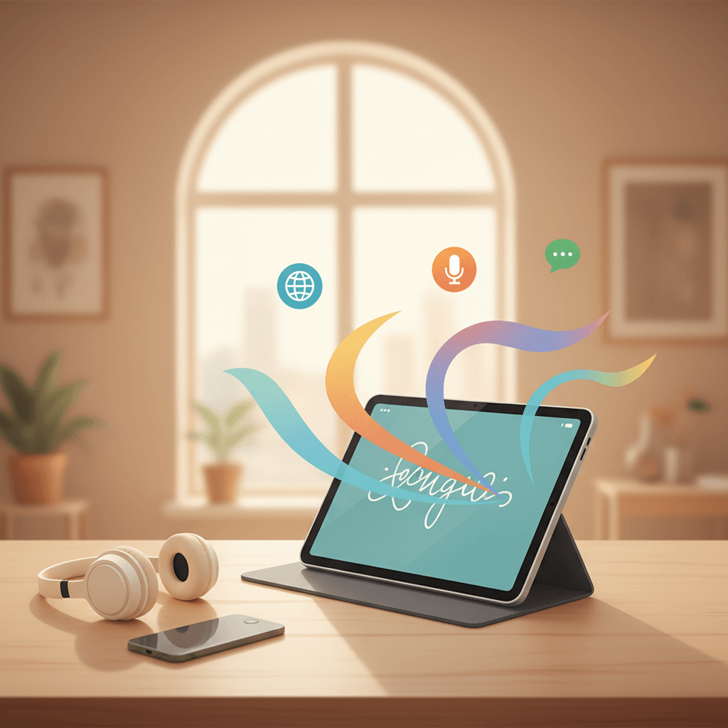 Modern workspace showing a laptop with a script on screen and animated sound waves, headphones and smartphone nearby to suggest cross-device AI text-to-speech use.