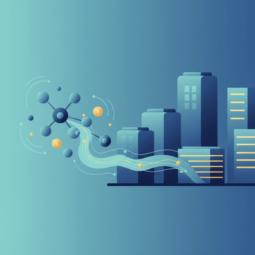 Illustration showing a minimal city skyline connected to abstract digital nodes and data streams symbolizing fintech meeting proptech.