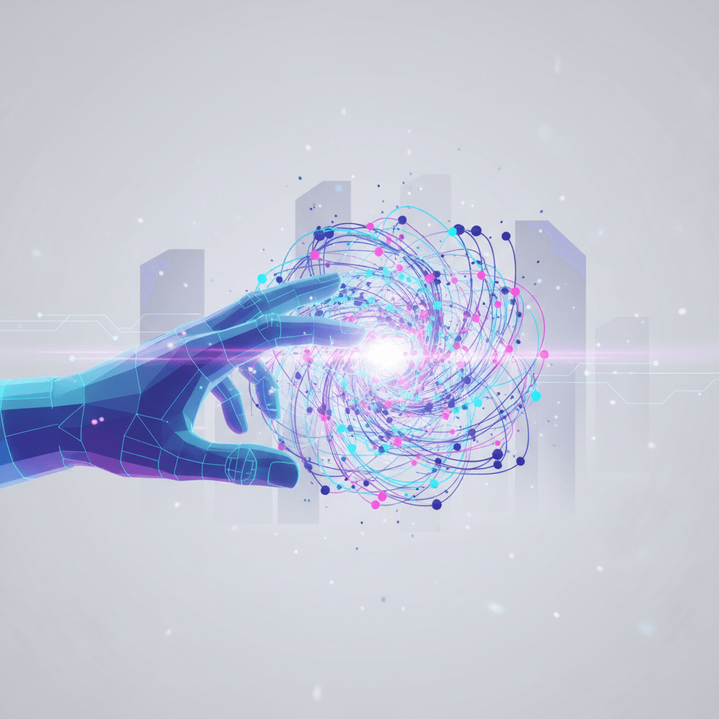 Futuristic human hand reaching toward a glowing holographic neural network over an abstract digital city skyline
