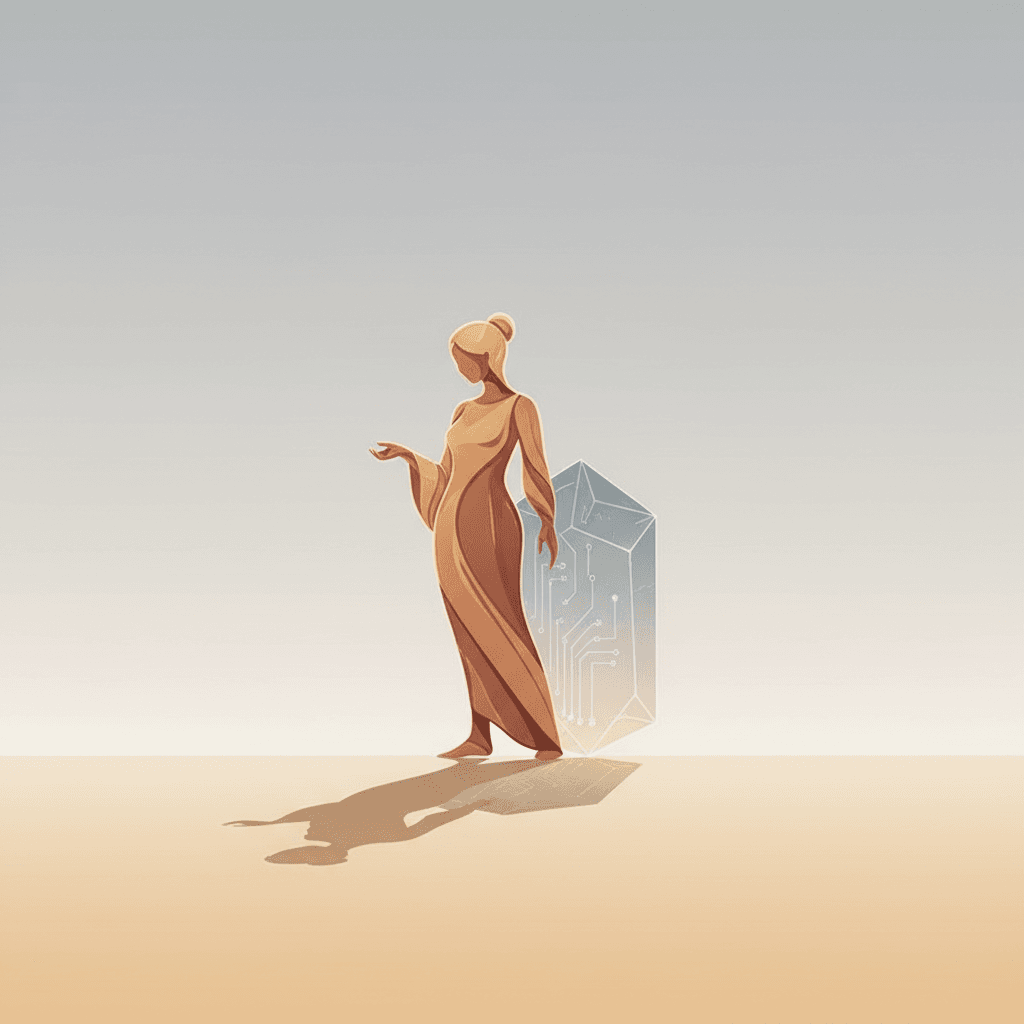 Human figure overshadowing stylized AI