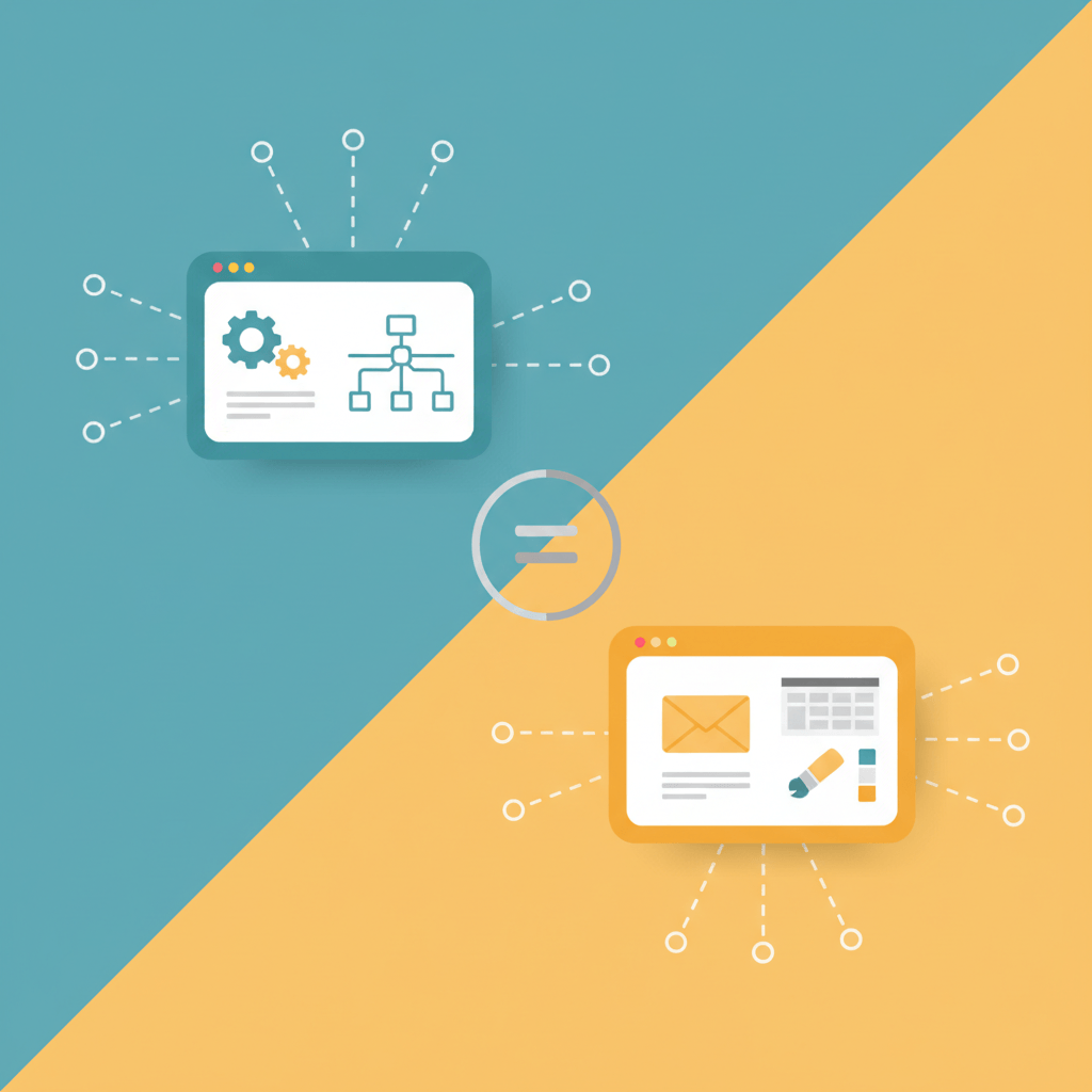 Illustration showing two stylized web app cards side by side with distinct color palettes and simple icons representing automation and email design, visually suggesting a comparison between platforms.