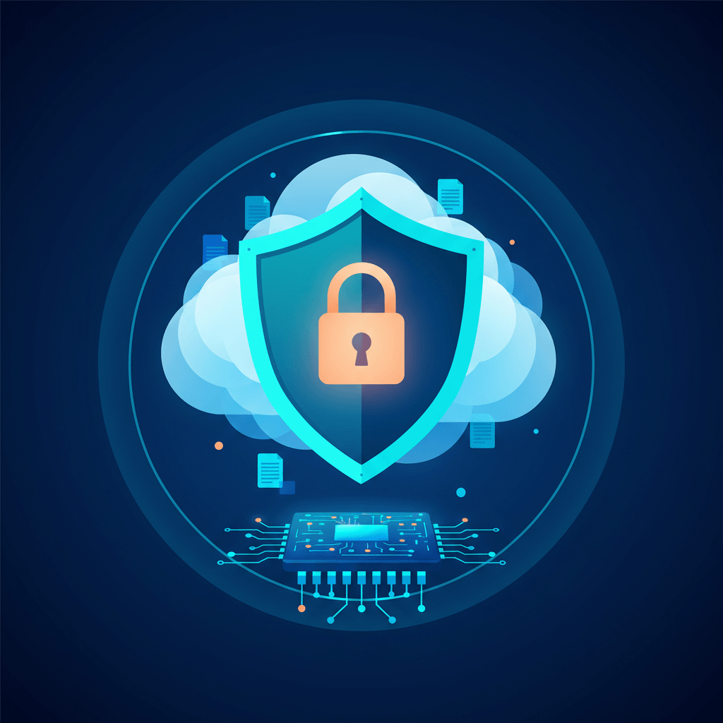 Conceptual illustration of AI data loss prevention showing a glowing protective shield with a padlock overlaying a cloud and an AI circuit chip. The composition uses deep blue, cyan, and teal with a warm accent on the padlock. No text included.
