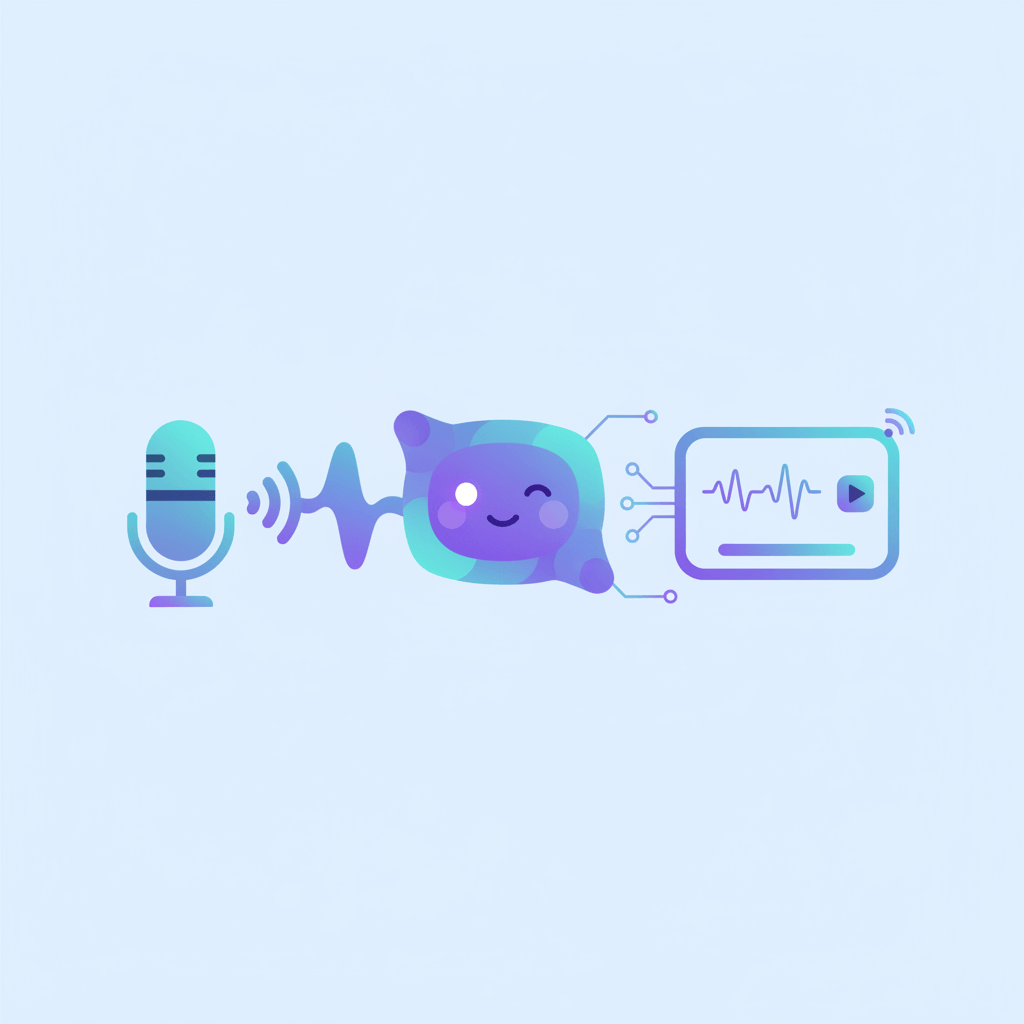 Stylized microphone sending sound waves to a chatbot avatar and a smartphone screen, with soft tech gradient and subtle node lines to suggest connectivity.