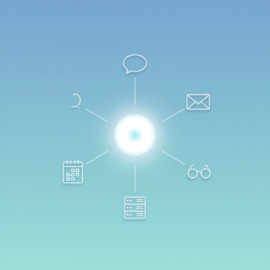 A calm blue teal gradient with a glowing central orb symbolizing an AI core. Thin translucent lines flow outward to minimalist symbols for speech, email, calendar, glasses, and a server to suggest seamless background intelligence integrating with daily tools.