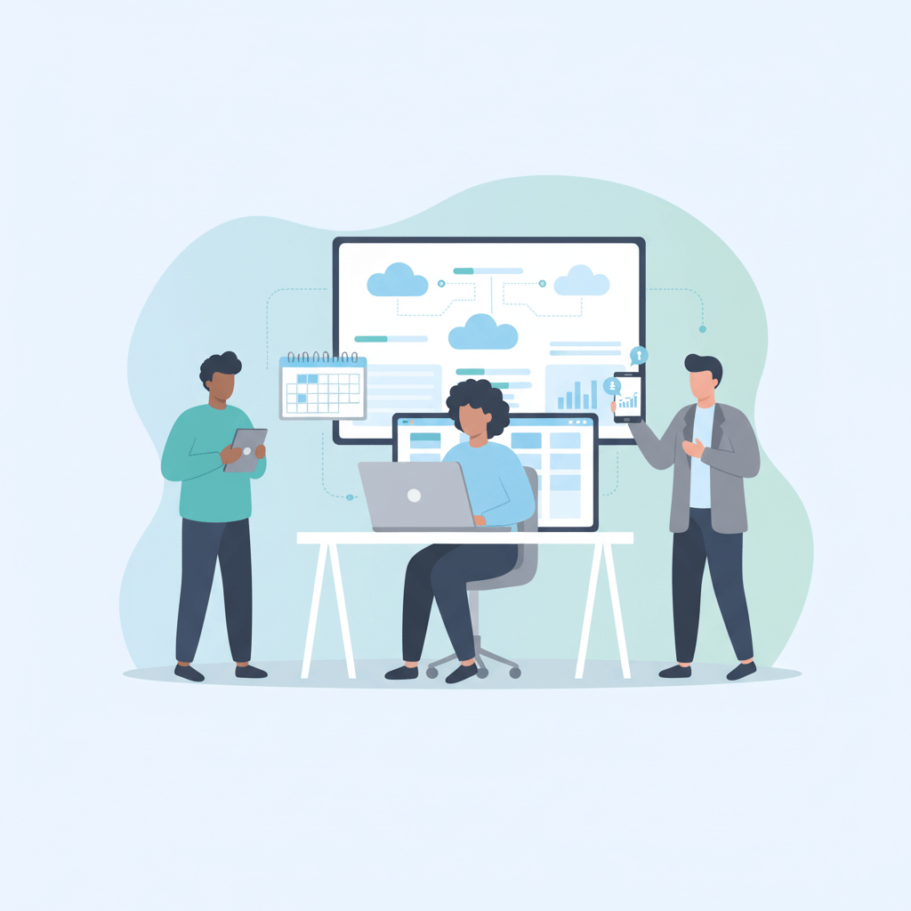 Illustration von verschiedenen Personen, die mit CRM-Oberflächen auf Laptop, Tablet, Smartphone und Wandbildschirm interagieren, und synchronisierte Daten und Zusammenarbeit anzeigen.