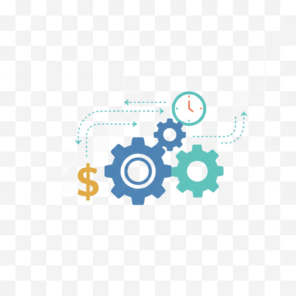 Clean flat illustration showing interlocking gears, a stylized dollar sign, a small clock icon, and flowing dotted lines representing digital data flow. Soft blues and teal with a gold accent for the dollar sign. Transparent background.