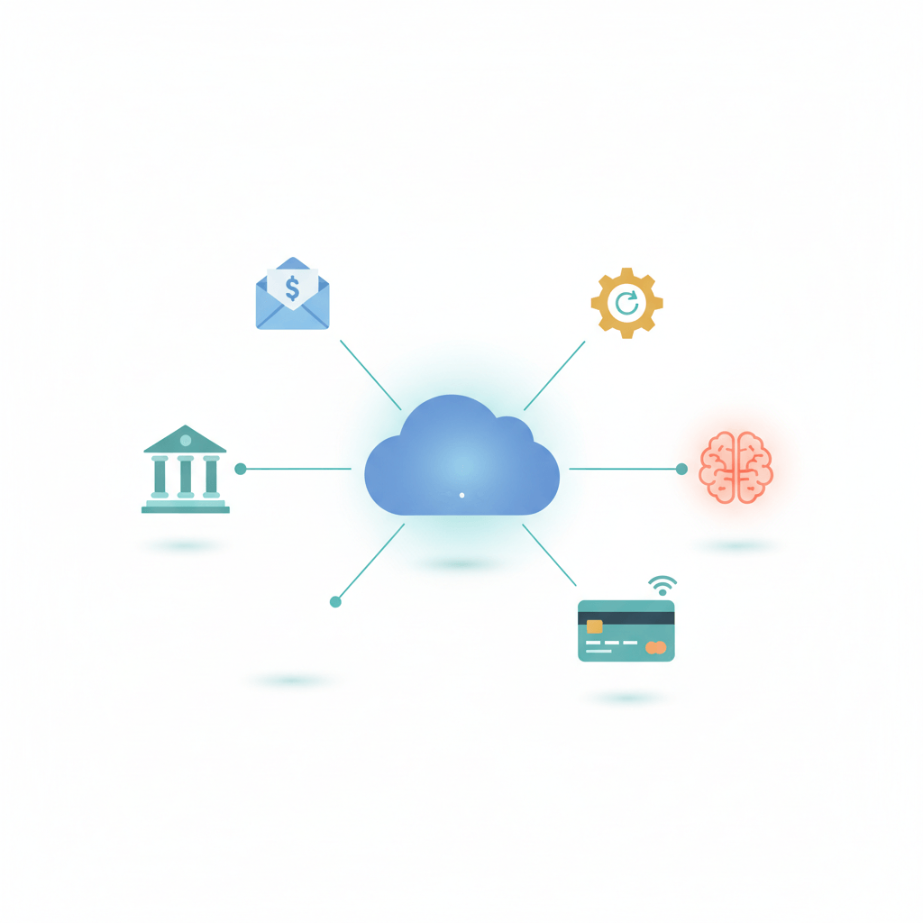 Clean vector illustration showing a central cloud dashboard connected to icons for invoices, automation gear, credit card, bank building, and an abstract AI node. Soft blue and teal palette with coral accents.