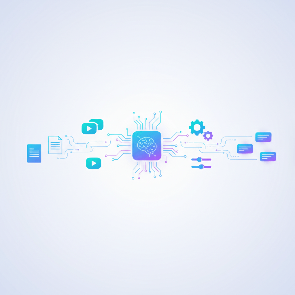 Abstrakte Illustration, die einen KI-Motor-Kern zeigt, der Datenströme von Dokument- und Video-Icons empfängt, mit Optimierungszahnrädern und Schiebereglern, die Ausgaben in Richtung Such-/Ergebnis-Kacheln lenken.