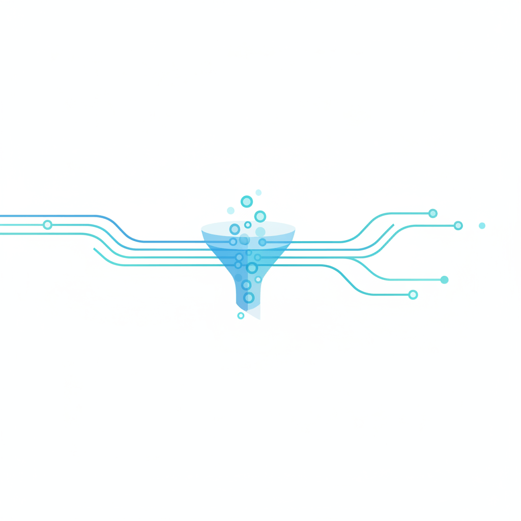 Abstract illustration of traffic flow and intent signals converging into a central funnel, then diverging into multiple marketing pathways. Clean vector shapes with soft blue and teal tones.