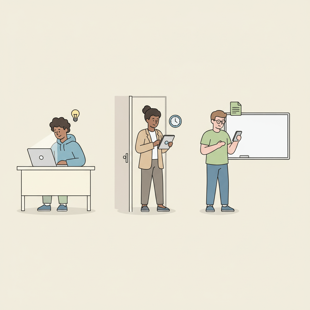 Illustration von drei Lernenden, die schnell Wissen auf Geräten abrufen