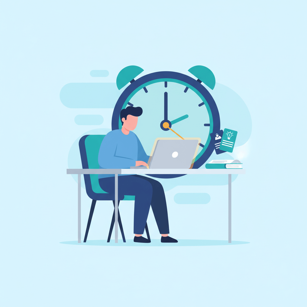 A clean flat illustration of a person at a desk using a laptop with a large clock behind the screen and a small open book beside the laptop, representing immediate, microcontent learning when time is short.