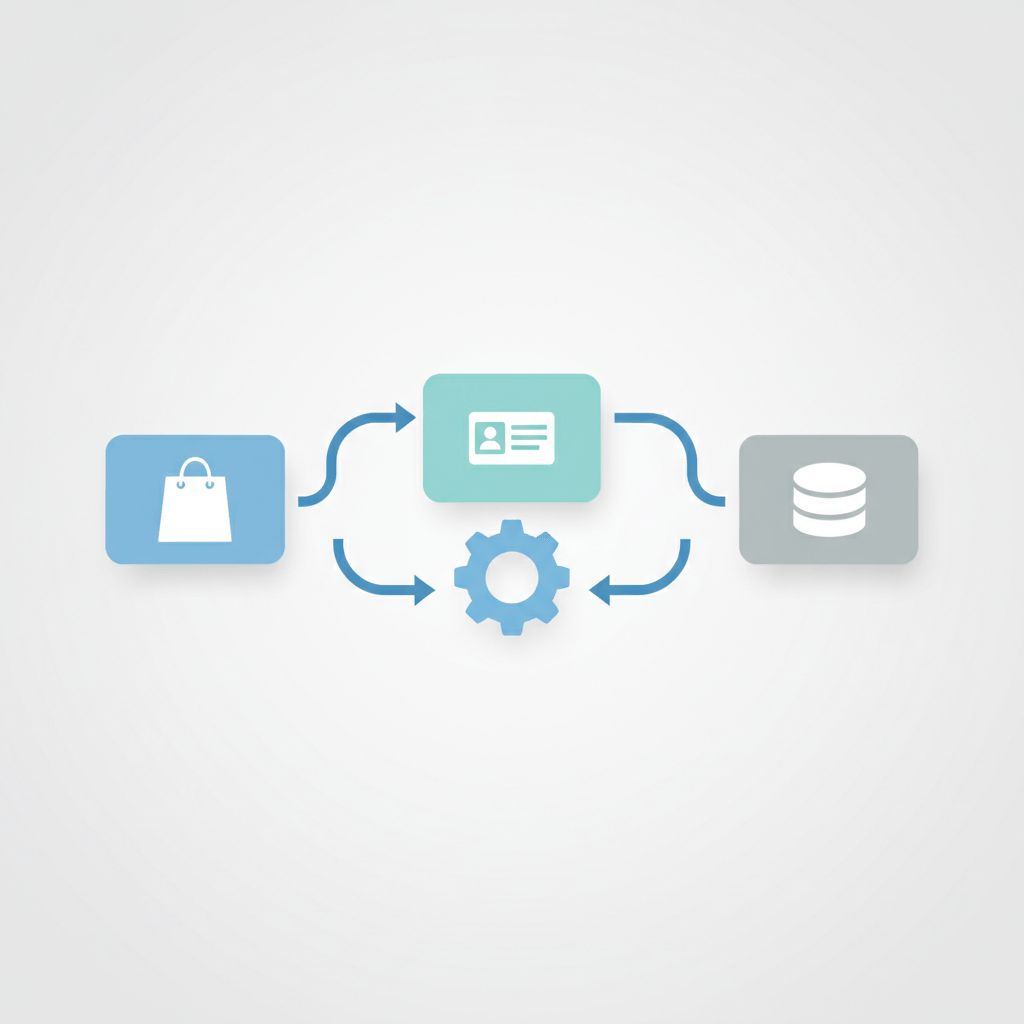 Simple vector illustration showing three software modules connected through a central middleware gear with bidirectional arrows indicating data flow.