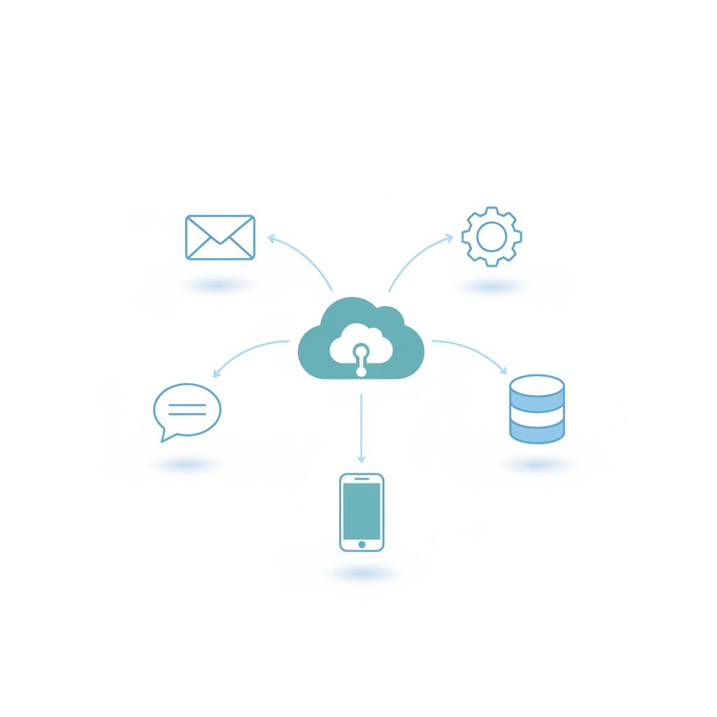 Simple flat vector illustration of a central hub connecting to envelope, chat bubble, database, gear, and smartphone icons representing middleware integration between software systems.