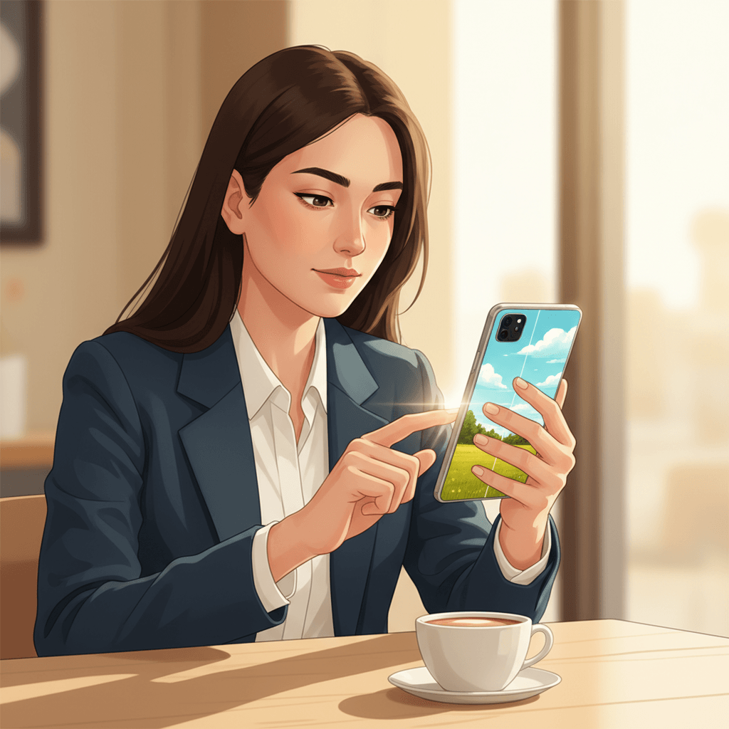 A person using a mobile phone to edit a photo with visible before and after effects