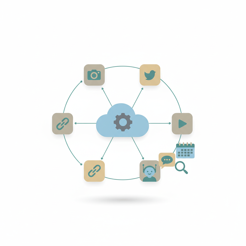 Simple flat illustration of a social media automation workflow showing a central automation hub connecting to stylized platform icons, a calendar for scheduling, a magnifying glass for monitoring, and a chatbot for interactions. Clean vector style, no text.