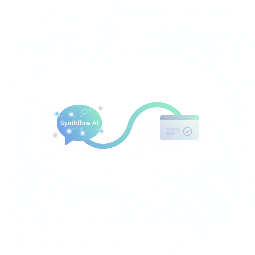 Simple vector illustration showing a speech waveform with neural nodes connecting to a support ticket card, symbolizing Synthflow AI integrating with Zendesk ticket automation.