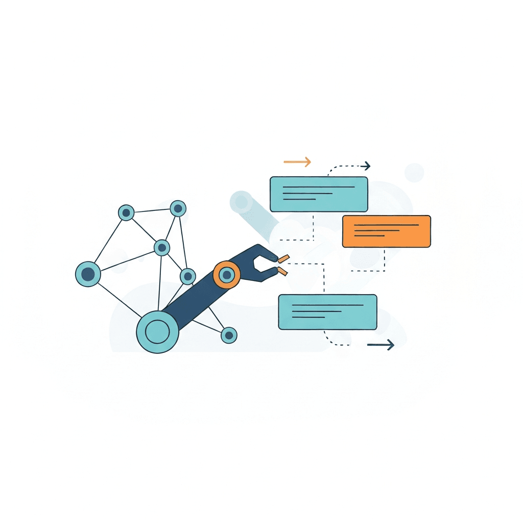 Abstract illustration of interconnected nodes and a robotic arm interacting with digital workflow cards to symbolize AI automation and workflow integration.