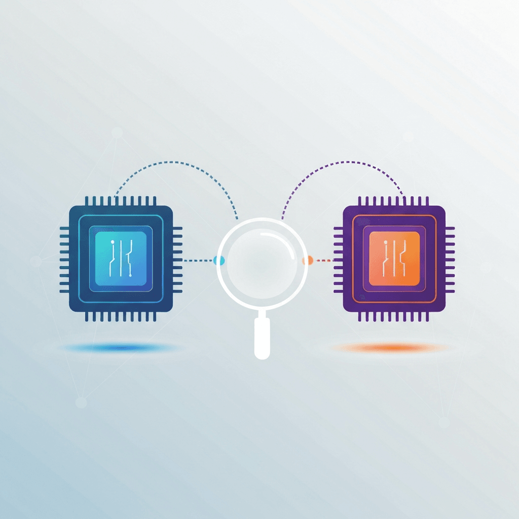 A minimalist vector illustration showing two stylized AI cores connected to a central translucent lens. Left core uses blue teal tones, right core uses purple orange tones, and dotted curved lines link each core to the lens. The background is a soft gradient with subtle network lines.