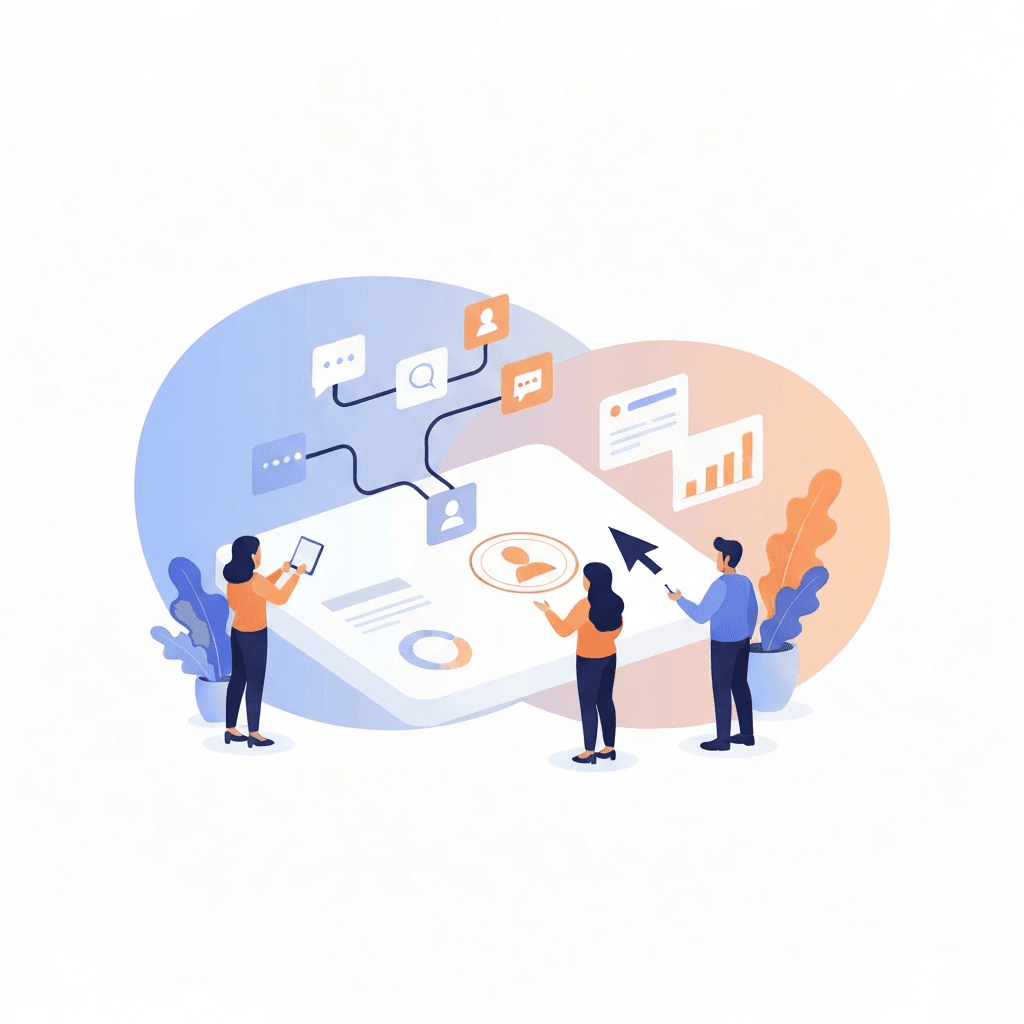 A clean vector illustration of a diverse team collaborating around a digital dashboard with flowing AI nodes and a guiding cursor, representing AI fluency and human steering of AI tools.