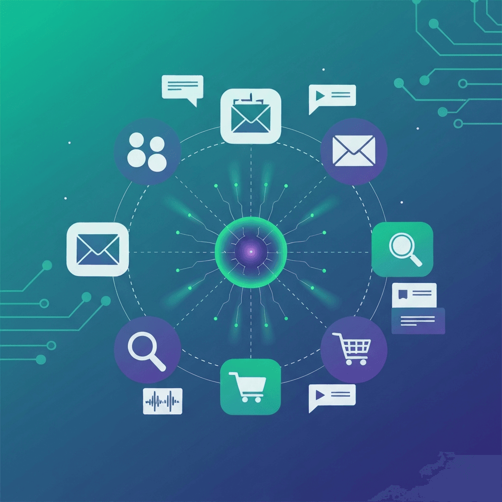AI integration in digital marketing, abstract neural core connecting social, email, search, ads, commerce icons