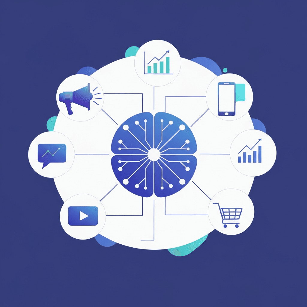 Illustration of an abstract AI brain connected to marketing icons such as a megaphone, analytics chart, mobile phone, video play button, and shopping cart — all in soft blue and purple tones.