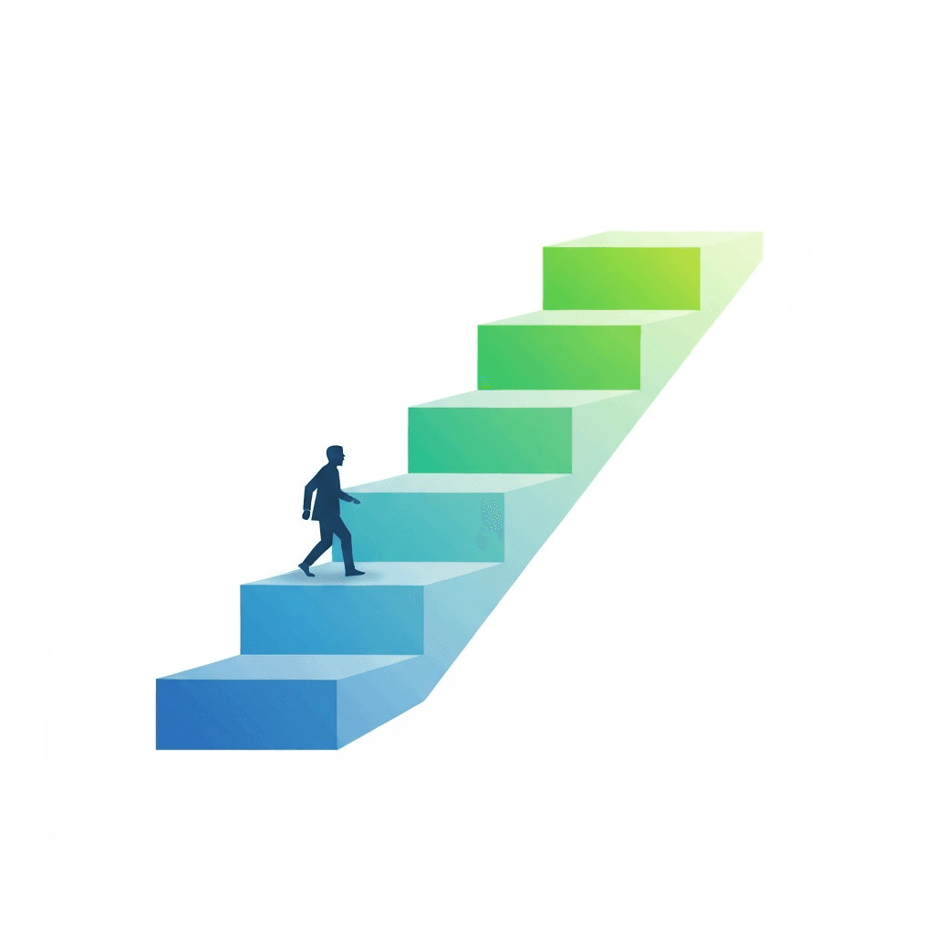 Vector ladder showing four ascending steps with a silhouetted person walking up from blue to green