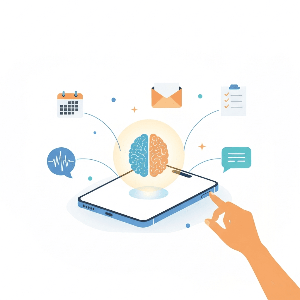 Clean vector illustration of a smartphone with a glowing abstract AI brain hovering above it, connected by thin lines to icons for calendar, email, task list, chat, and microphone. A subtle human hand reaches toward the phone to show the human-AI partnership.