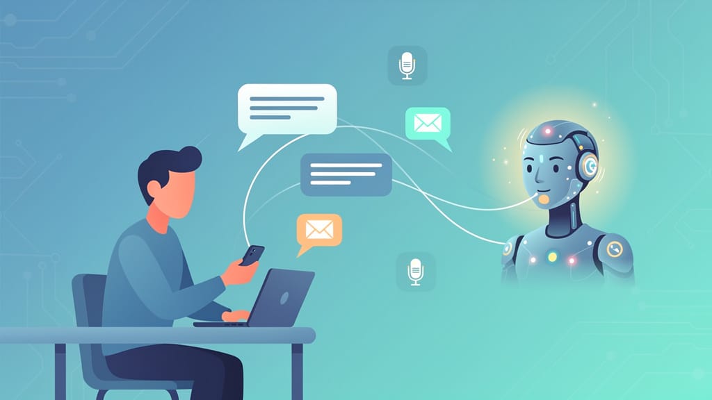 Illustration of a customer interacting with an abstract friendly AI avatar across chat bubbles and omnichannel icons, set on a soft blue teal gradient background