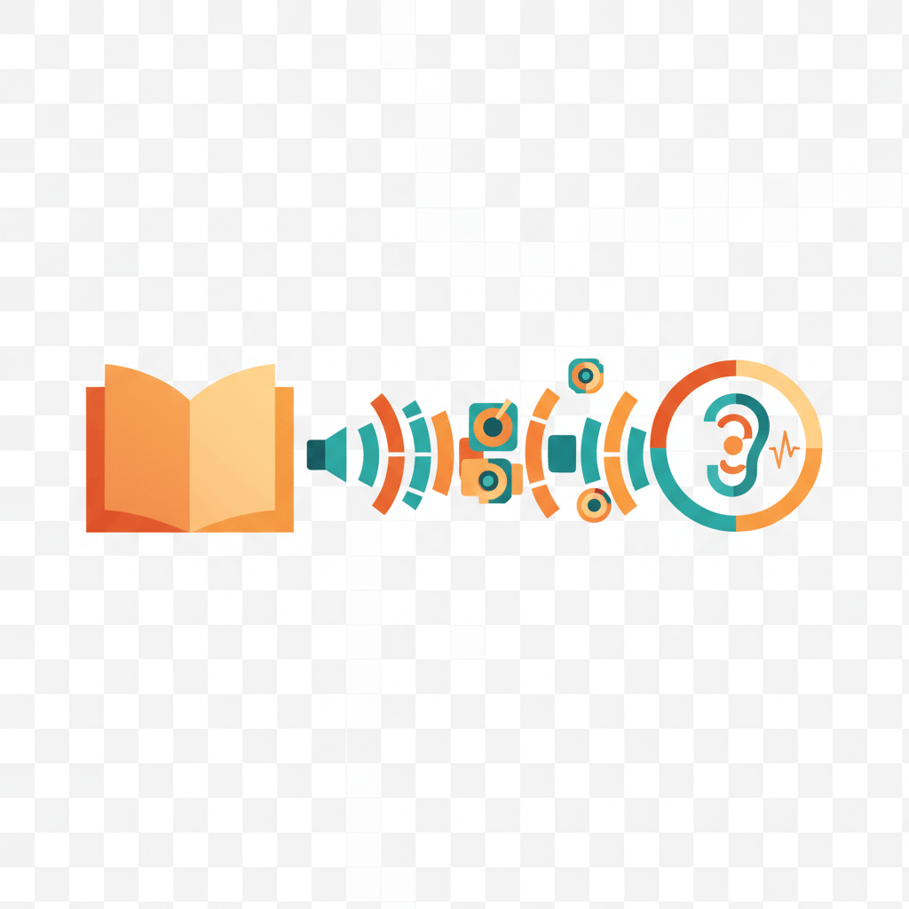 Abstract illustration of audio waves flowing into a book symbol, warm orange and teal color palette, no text in image.